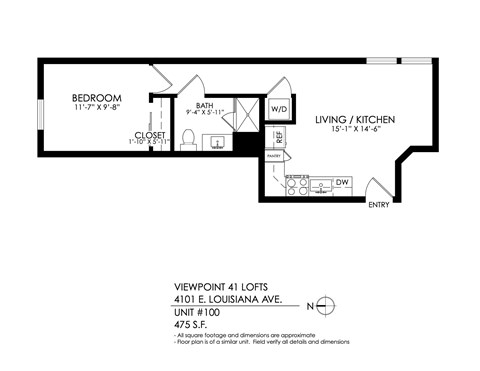 Floor plan for 1 bed, 1 bath, 475 sqft